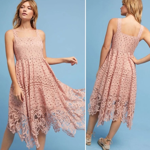 Anthropologie Dresses & Skirts - NWT ANTHROPOLOGIE Maeve Aiza Lace Dress Blush Pink Midi Hanky Hem, Size 4 $188
